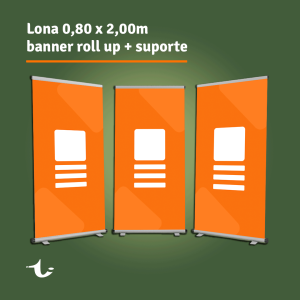 Banner Roll Up • Suporte em alumínio com lona personalizada Selecione o tipo de lona que deseja produzir Lona no tamanho 0,80x2,00m 4x0 cores. Opção para Brilho e Fosco. Corte reto. Lona já instalada na estrutura de alumínio. Produção estimado entre 2 e 7 dias úteis. Depende da quantidade e da disponibilidade em estoque.