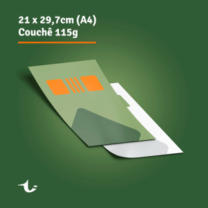 Panfleto A4 - 21x30cm - Couche 115g Couche 115g Final 21,0x29,7cm | Arte 21,6x30,3cm | Sangria 3mm 4x0, 4x1 ou 4x4 Cores  Corte reto. Produção estimado entre 2 e 5 dias úteis