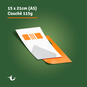 Panfleto A5 - 15x21cm - Couche 115g Couche 115g Final 14,8x21,0cm | Arte 15,4x21,6cm | Sangria 3mm 4x0, 4x1 ou 4x4 Cores  Corte reto. Produção estimado entre 2 e 5 dias úteis