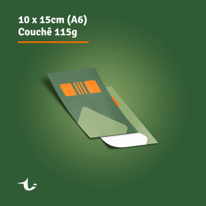 Panfleto A6 - 10x15cm - Couche 115g Couche 115g Final 10,0x15,0cm | Arte 10,6x15,6cm | Sangria 3mm 4x0, 4x1 ou 4x4 Cores  Corte reto. Produção estimado entre 2 e 5 dias úteis