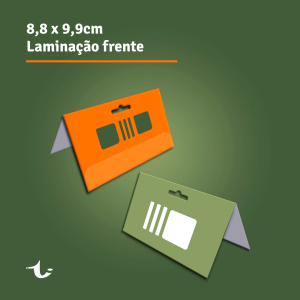 Solapa • 8,8x9,9cm - 4x0 ou 4x1 Cores Escolha seu papel. Final 8,8x9,9cm | Arte 9,4x10,5cm | Sangria 3mm 4x0 Cores ou 4x1 Cores Laminação BOPP Frente Corte reto com 1 furo de 5mm Produção estimado entre 3 e 7 dias úteis