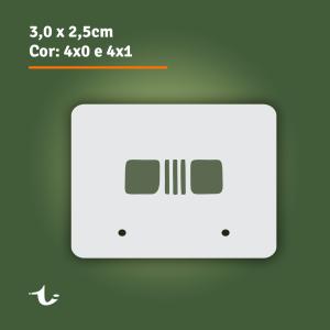 Tag para par de Brincos com 2 furos • 3,0x2,5cm - 4x0 ou 4x1 Cores Escolha seu papel. Final 3,0x2,5cm | Arte 3,6x3,1cm | Sangria 3mm 4x0 Cores ou 4x1 Cores Laminação BOPP Frente Já incluso corte especial para Tag para par de Brincos com 2 furos Produção estimado entre 3 e 7 dias úteis